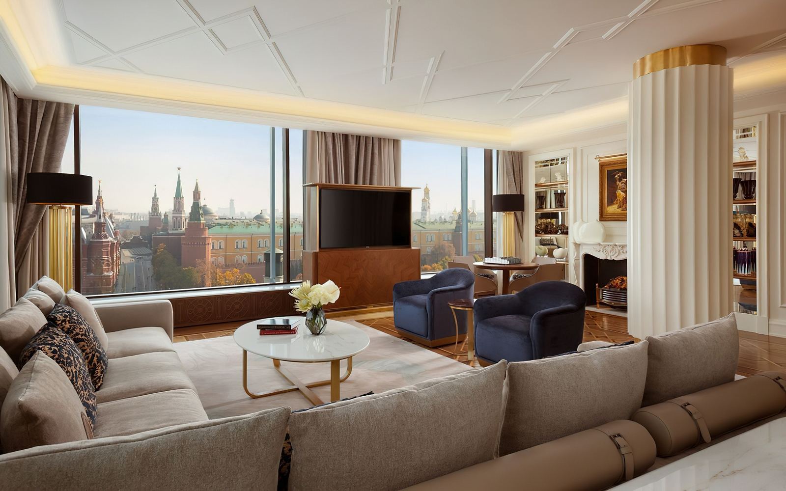 Living room with motorized TV and Kremlin view, Ritz-Carlton Presidential Suite
